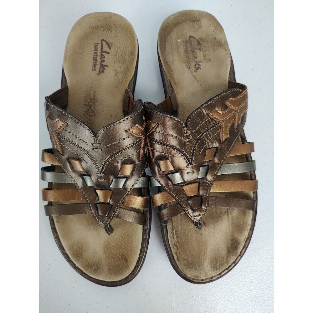 Clarks Bendables Womens 8M Bronze Metallic Leather Strappy Slide Sandals 37004